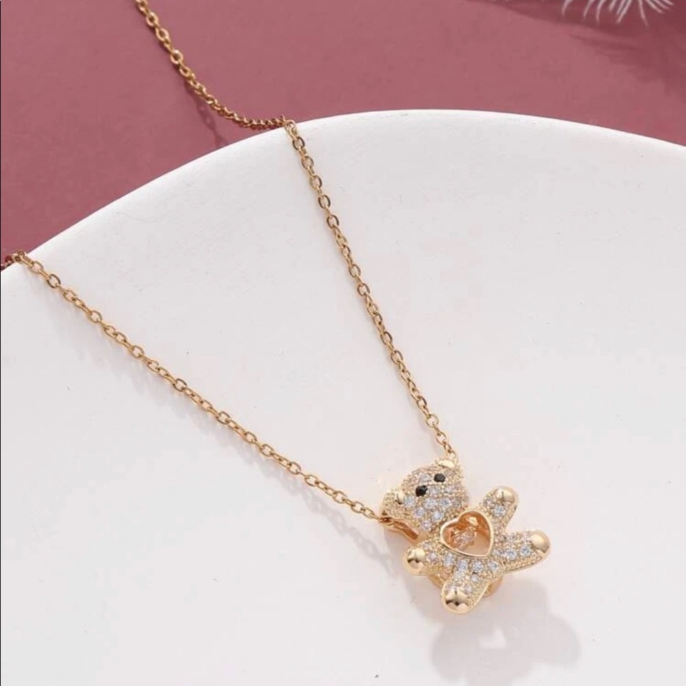 Gold Plated Stainless Steel Cubic Zirconia Bear Adjustable Chain Necklace